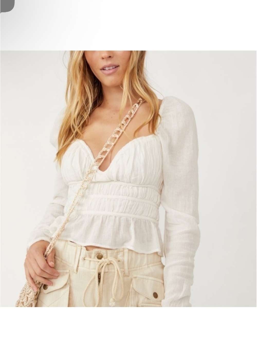 Free People Cream Smocked Puff-Sleeve Peplum Crop Top